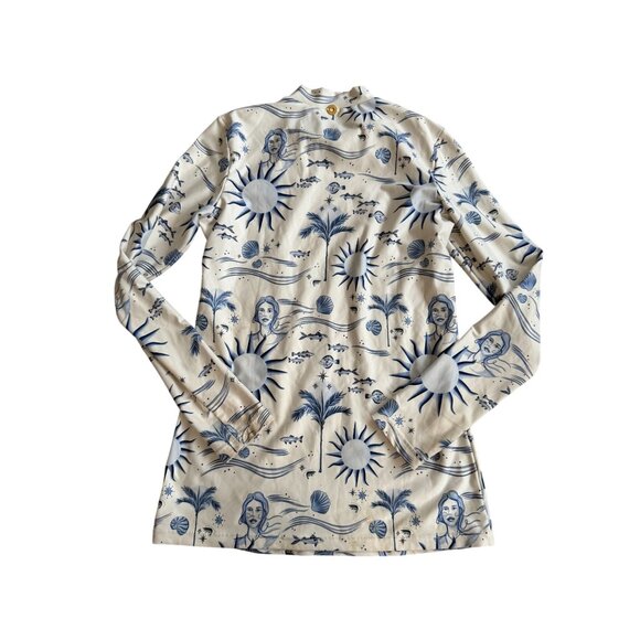ONDADE MAR Aquarius Blue Cream Patterned Long Sleeve Rash Guard Swim Top Size Sm - Picture 5 of 7